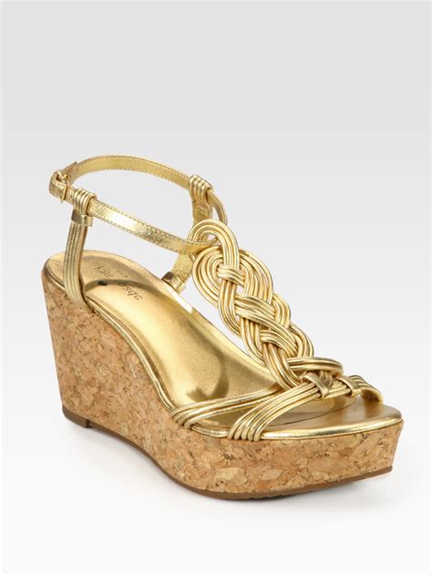 Kate Spade Becca Braided Metallic Leather T Strap Wedge Sandals Lyst