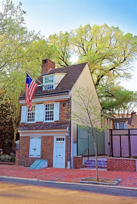 Betsy Ross House And Hanging American Flag In Philadelphia Stock Photo