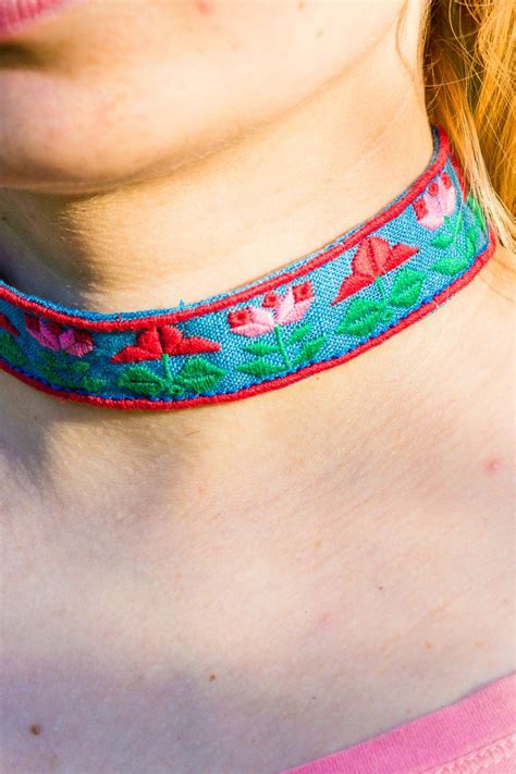 Flower Embroidery Choker Necklace Sweet Romantic Botanical Neck