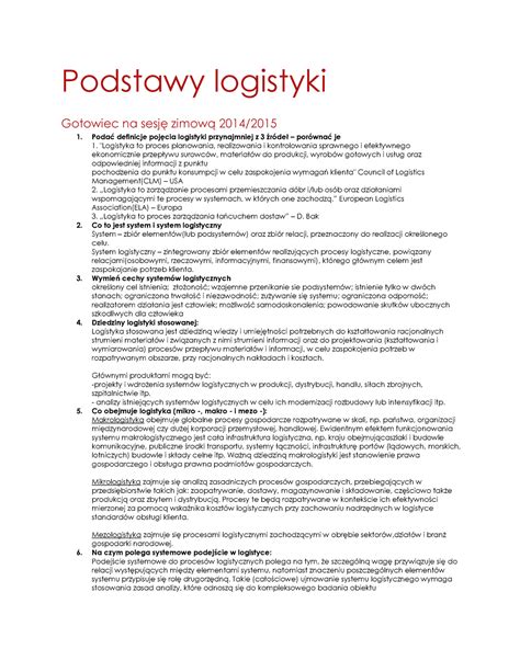 Logistyka Notatki Podstawy Logistyki Gotowiec Na Sesj Zimow