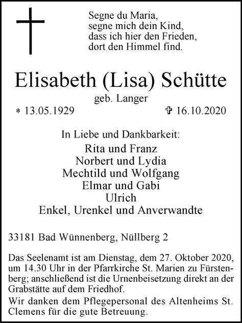 Traueranzeigen von Elisabeth Schütte westfalen blatt de