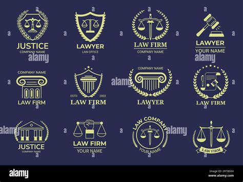 Law emblems. Lawyer badge template with scales of justice, judges gavel ...