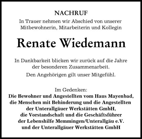 Traueranzeigen von Renate Wiedemann Allgäuer Zeitung