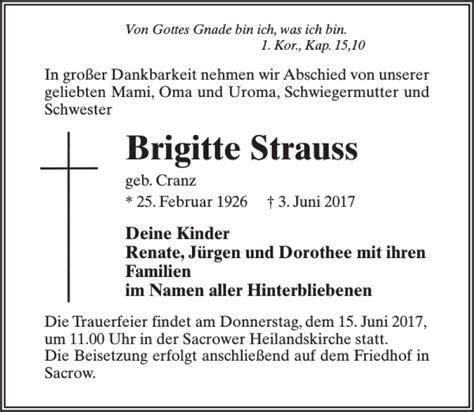 Traueranzeigen Von Brigitte Strauss Trauer Anzeigen De