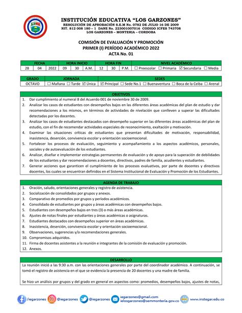 Acta Comision De Evaluacion Y Promocion Pdf