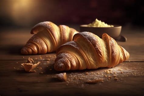 Premium AI Image Freshly Baked Croissants Set On Wooden Table