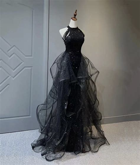 Black Halter Shiny Tulle Long Prom Dress Black Tulle Evening Dress