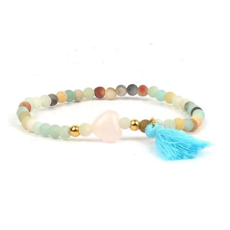 Bracelet Boh Me En Amazonite Naturelle Avec Coeur Et Pompon