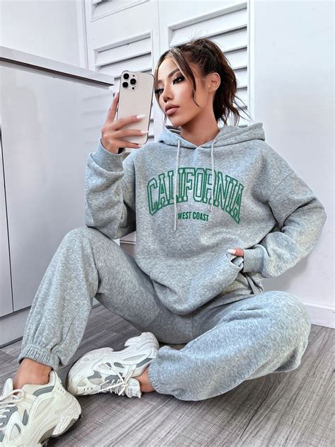 Shein Ezwear Pantalones Deportivos Con Capucha Con Estampado De Letra