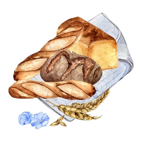 Premium Vector Watercolor Composition Of Rye Bread On Napkin Isolated