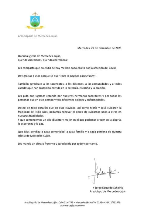 Carta a la comunidad del Padre Obispo Jorge Eduardo Arquidiócesis