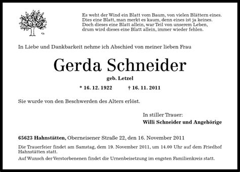 Traueranzeigen Von Gerda Schneider Rz Trauer De