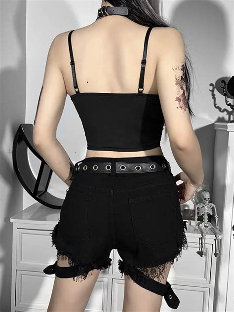 Gothic Dark Lace Paneled V Neck Spaghetti Straps Crop Top