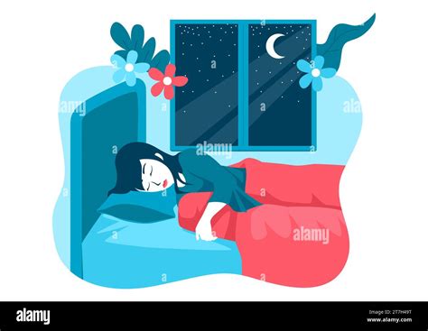 Simple Flat Vector Illustration Of A Woman Sleeping In Her Bed Stock