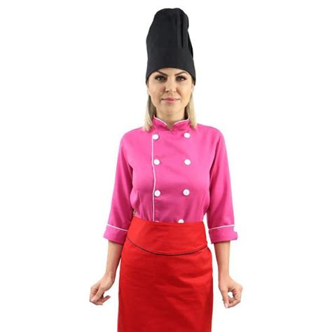 Kit chef cozinha feminino Dolmã manga 3 4 Avental vermelho Chapéu