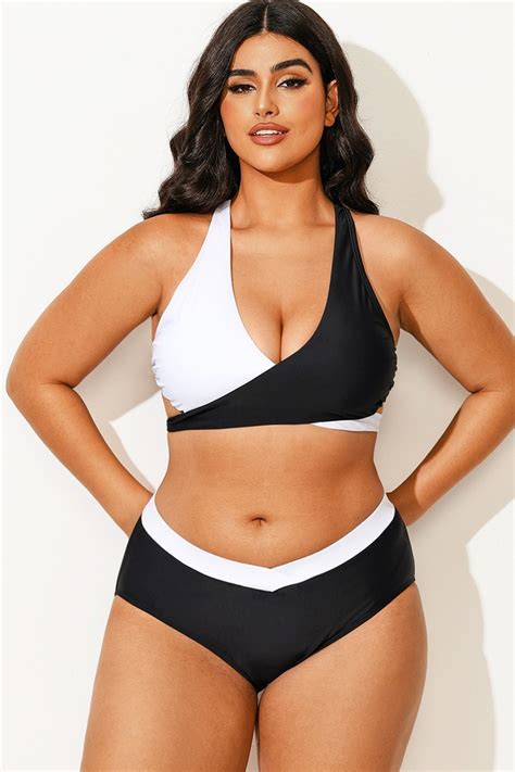 Plus Size Black And White Adjustable Tie Back Bikini Top Meet Curve Meet Curve