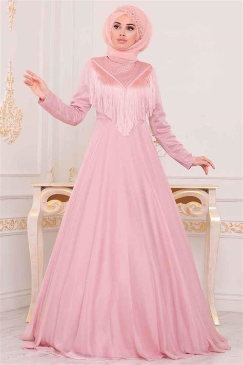 Rose Poudr Tesett Rl Abiye Elbise Robe De Soir E Hijab Pd