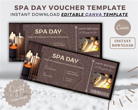 Editable Spa Day Voucher Personalized Massage Coupon Printable Gift