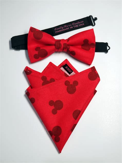 Mickey Mouse Bow Tie- Red Bow Tie- Matching Pocket Square- All Size- Pre Tied- Adjustable Strap ...