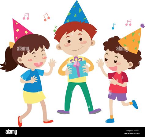 Three happy kids at birthday party illustration Stock Vector Image ...