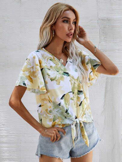 Search Floral Print Knot Hem Blouse Shein Usa