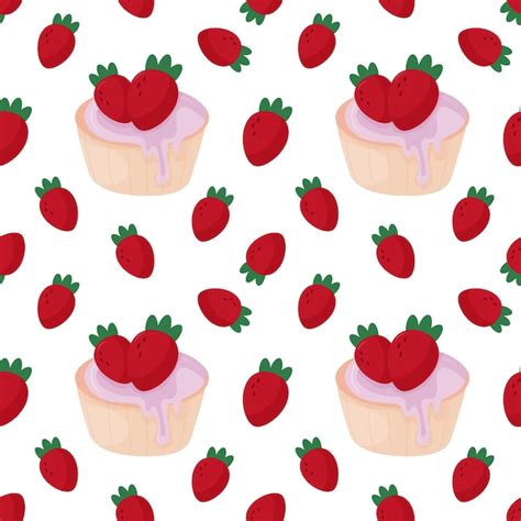 Premium Vector Cartoon Strawberry Cupcakes Seamless Pattern