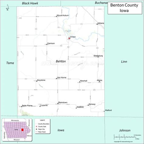 Map of Benton County, Iowa showing cities, highways & important places ...