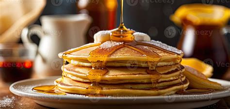 Pancakes, butter, syrup. Stack of golden pancakes on white plate ...