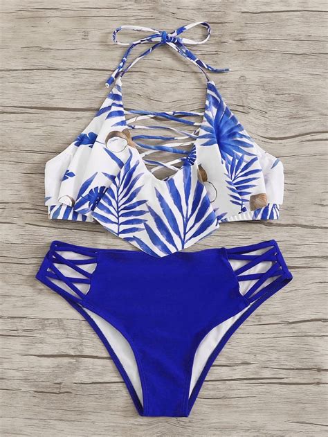 Blue Tropical Hanky Hem Laced Up Halter Top Swimsuit With Bikini Bottom