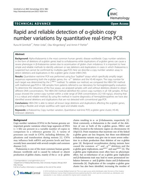 Pdf Rapid And Reliable Detection Of α Globin Copy Number Variations