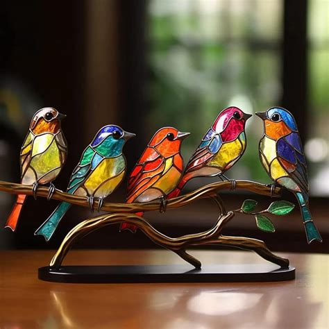 Stained Glass Birds On Branch Desktop Ornaments Metal Flat Vivid Birds Decorations On Branch