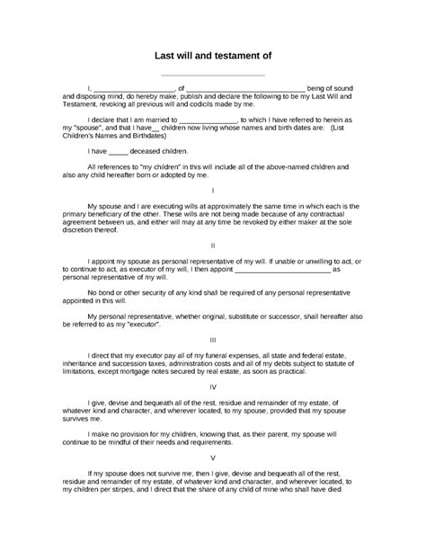 Last Will And Testament Sample Form - Free Printable Documents