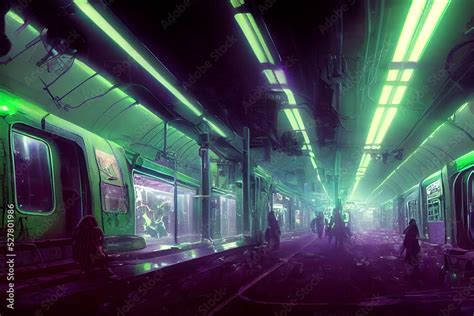 Cyberpunk Post Apocalyptic Subway Scene Green And Purple Neon Lights