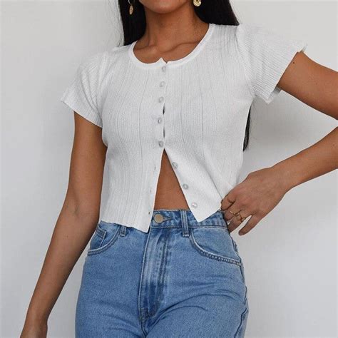 2020 New Women Solid Ribbed T Shirts Summer Casual Short Sleeve Buttons