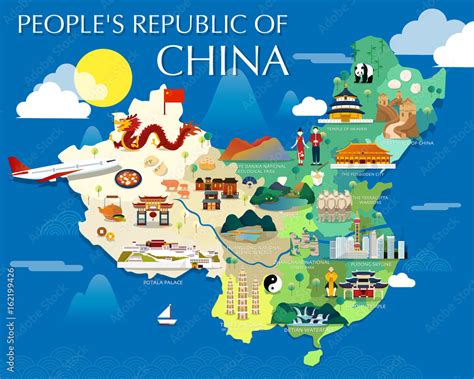 People's republic of China map with colorful landmarks illustration ...