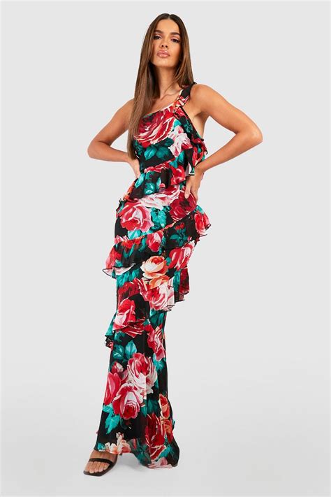 Floral Ruffle Asymmetric Maxi Dress Boohoo Uk