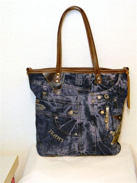 Denim And Leather Tote Bag Upcycled Blue Jeans Purse With Leather