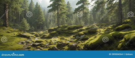 Wilderness Landscape Forest With Pine Trees And Moss On Rocks Stock