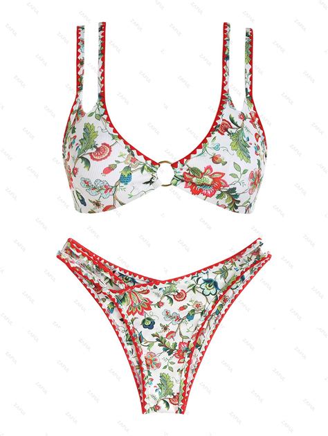 Zaful Ribbed Whip Stitch Bohemian Floral O Ring Bikini Swimwear In