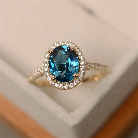 London Blue Topaz Ring Yellow Gold Ring Halo Engagement Etsy