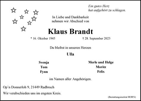 Traueranzeigen von Klaus Brandt Trauer Lüneburg de