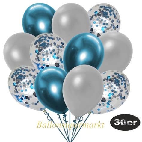 30er Luftballon Set 10 Blau Konfetti 10 Metallic Silber Und 10 Chrome