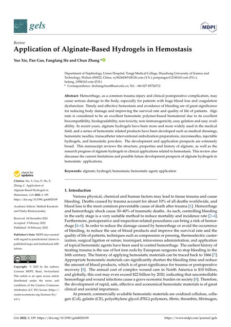 Pdf Application Of Alginate Based Hydrogels In Hemostasis