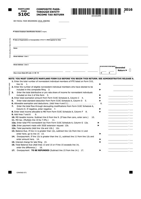 Fillable Maryland Form 510c Composite Pass Through Entity Income Tax