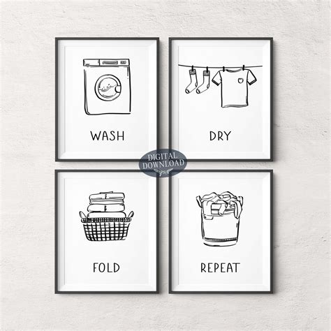 Laundry Room Decor Wash Dry Fold Repeat Black And White Line Art