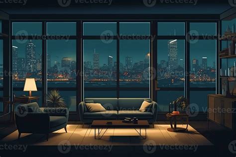 Living Room Night City View Out Of Glass Windows Modern Design