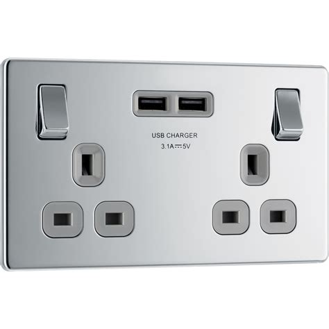 Screwless Flat Plate Polished Chrome 13A SP USB Switch Socket 2 Gang