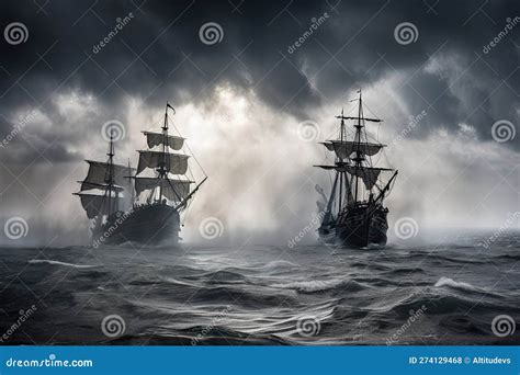 Battle of Two Pirate Ships in the Stormy Sea, with Cannon Fire and ...