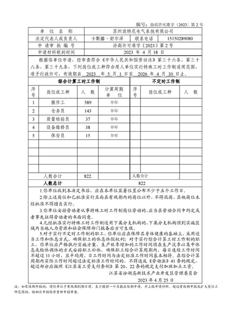 用人单位申请实行特殊工时工作制行政许可决定书苏州波特尼电气系统有限公司资质证照