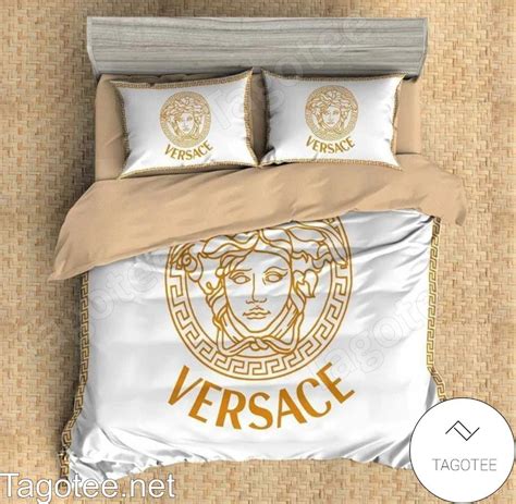 Versace Medusa Logo Greek Key Border White Bedding Set Tagotee